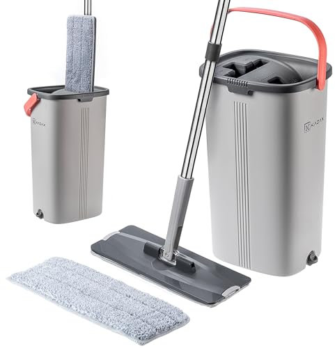 KADAX mocio piatto con separazione dell'acqua, mocio con secchio a doppia camera, tergicristallo pavimento, set di pulizia per pavimenti, mocio piatto con secchio per tacchino (grigio/arancione)