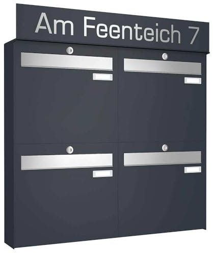 Frabox Briefkastenanlage 4fach Aufputz Briefkasten XXL groß personalisiert RAL 7016 4er Postkasten anthrazit-grau Mehrfamilienhaus ohne Zeitungsfach Wandbriefkasten Namensschilder Made in Germany LUIS