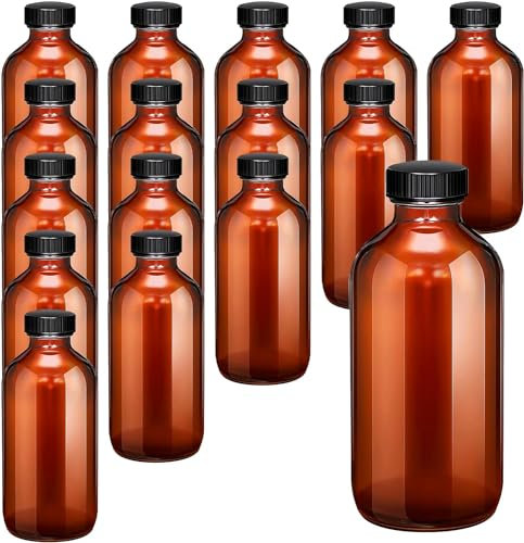 16 Pack Amber Glass Bottles with Lids, 240ML Reusable Round Glass Boston Bottle, Brown Dispensing Bottle for Essential Oils, Vanilla Extract, Potion, Juice, Ginger Shots, Whiskey, Liquids (8 Ounce)