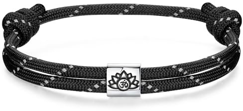 J.Endéar Nautisches Armband für Herren, Om Lotusblume Armband Silber 925, Schwarzes Paracord Surf Armband für Jungen, Yoga Meditation Schmuck für Damen