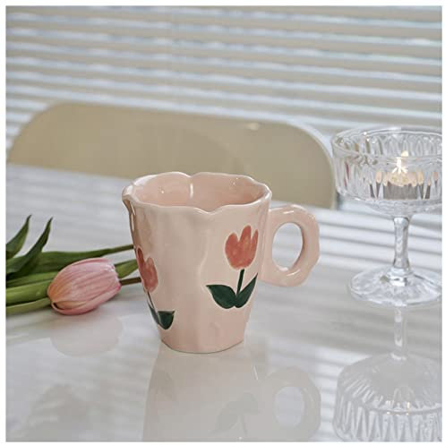 Taza De Pareja Tazas de cerámica Hecha a Mano Tulip Pintado TULIPO DISEÑO Original Taza de café Irregular for la Leche de té Gifts Creative Manden Webware Taza (Color : Tulip, Size : 301-400ml)