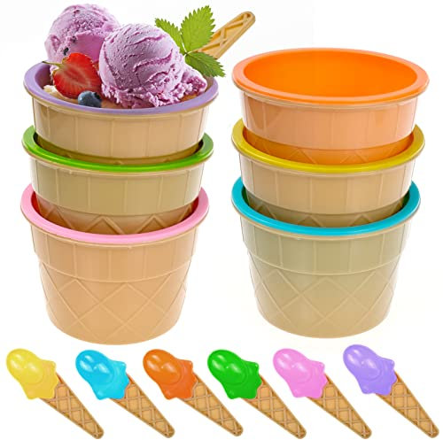 Esayeefo 6 Stück Wiederverwendbare Eisschalen Eiscreme-Schale Schalen für Eiscreme mit Löffeln Eisschalen in Bonbonfarben (Gelb + Blau + Grün + Orange + Rosa + Violett)