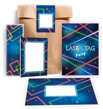 Limonia 12 Einladungskarten zum Kindergeburtstag Laser Tag Gaming Einladung Geburtstag Mädchen Kinder Jungs Jungen Boys Mitgebsel inkl. 12 Umschläge, 12 Tüten, 12 Aufkleber, 12 Lesezeichen, 12 Blöcke