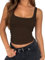 FOFAINWE Damen ärmellos Quadratischer Ausschnitt Tank Top Double Layer Basic Crop Tops Sommer Fitness Workout Casual Tops(Dunkelbraun,XS)