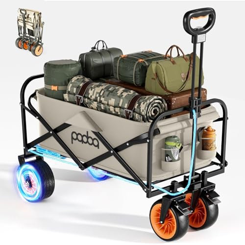Faltbarer Gartenwagen, elektrisch, zusammenklappbar, 136 kg, mit 21,6 cm großen All-Terrain-Strandrädern und Getränkehaltern, tragbar für Camping, Outdoor, Strand, Angeln, Picknick, Sport, Einkaufen