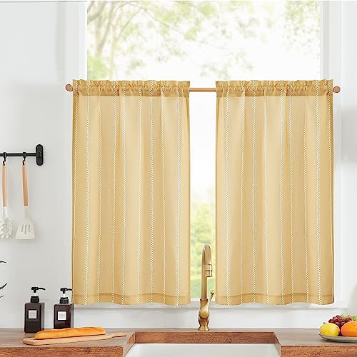Vangao Nautische Scheibengardinen Küche Gestreifte Leinenoptik Gardinen,Kurzer Vorhang Modern Boho Küchenvorhang,Lichtfilterung Fenstergardinen für Wohnzimmer Badezimmer 65Bx90H(cm) 2er Set Gelb