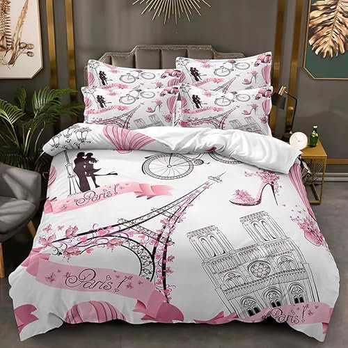 ZZTBQ Paris Rose Chic Housse de Couette pour Chambre Adulte 2 Personnes 220x240/65x65 (3 Piece) Lit Adulte thème Romantique Tour Eiffel Adulte Parure de lit 220x240 cm avec 2 Taies d'oreiller 65x65