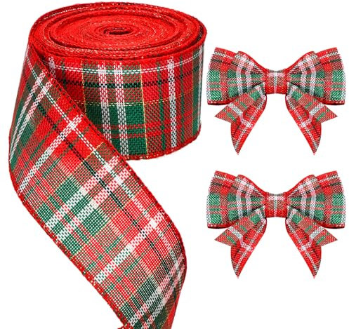 jijAcraft 10M Kariertes Sackleinen Band, Juteband Weihnachts Karoband 6 CM Breite, Rot-Grün Geschenkband Weihnachtlichen, Verdrahtet Plaid Bänder für DIY Basteln, Geschenk Verpackung, Bögen, Baumdeko