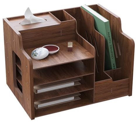 Hggzeg Wooden Desk Organiser, Large Capacity Desktop Organizer File Rack A4 Paper Document Sorter, DIY Office Supplies Storage Box for Home, Office and School (JB07 Walnut Wood)