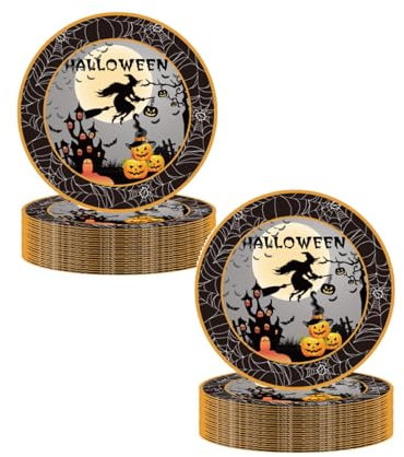 Lot de 60 assiettes en carton pour Halloween - Motif citrouille chauve-souris - Ensemble de vaisselle de fête d'Halloween (B, 60)