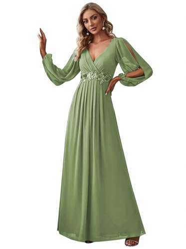 ZHengquan V Neck Long Sleeves Mother of The Bride Dresses Elegant Chiffon Bridesmaid Dresses A Line Appliques Evening Dress Sage Green