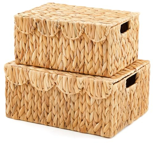 Boao 2 Pcs Scalloped Edge Wicker Basket Set with Lid and Built Large Wicker Baskets for Organizing Storage Woven Handwoven Gift Baskets with Handles for Bedroom Living Room Bathroom(Water Hyacinth)