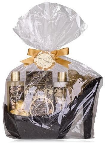 Accentra Luxury Badeset Geschenkset in wunderschönem schwarzen Glitzer Pumps, 9-teiliges Luxus Beautyset Pflegeset Duschset – für ein entspanntes SPA Erlebnis