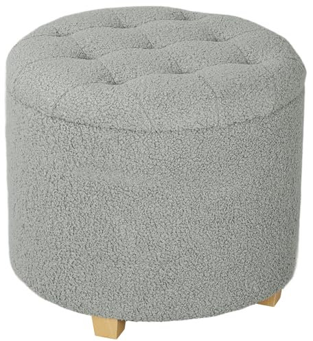 HOMCOM 45cm Round Storage Ottoman, Teddy Fleece Footstool with Removable Lid and Wood Legs, Button Tufted Vanity Stool for Living Room Bedroom Hallway, Grey