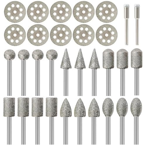 Yuiturt 32Pcs for Dremel Cutting Discs Metal & Dremel Sanding Bits Set, 22mm Diamond Cutting Wheel with 2 3mm Mandrels,20 3mm Shank Drill Bits Set for Grinding,Stone Glass Ceramics Carving,Polishing