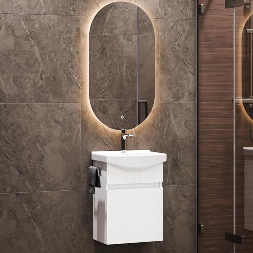 Planetmöbel Waschbecken mit Unterschrank 45 cm inkl. Keramikwaschbecken und Badspiegel mit Beleuchtung oval, Gäste WC Badmöbel Set, weiß matt