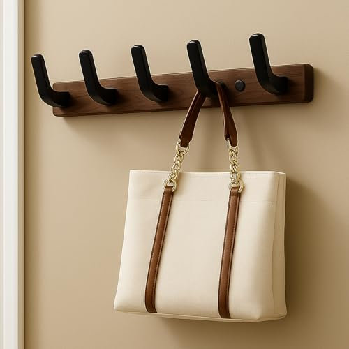 AONAT Garderobenleiste Walnussholz,Hochwertige Wandgarderobe mit 5 stabilen Kleiderhaken,Handtücher Platzsparende Hakenleiste für Flur,Badezimmer,Tür & Schlafzimmer