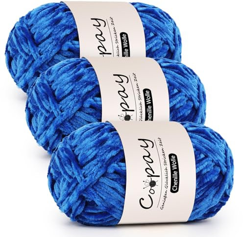Coopay Chenille Wolle zum Häkeln, 3x100g Samtig Chenillegarn, Dicke Flauschige Weich Chenille Garn, Chenille Wolle, Weicher Plüschwolle Häkelgarn für Decken, Schals - Königsblau