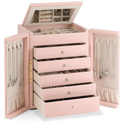 Dajasan Scatola Portagioie a 6 Livelli, Portagioie Grande con 5 Cassetti e Specchio, regali natale, Porta Gioielli Per Archiviare Anelli, Orecchini, Collane, Braccialetti, Rosa