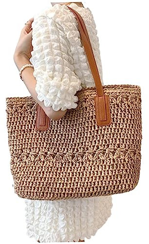 Sac de plage en paille tissé pour femme sac fourre-tout de plage pour les vacances d'été à main capacité à bandoulière tissé pour les essentiels vacances kaki
