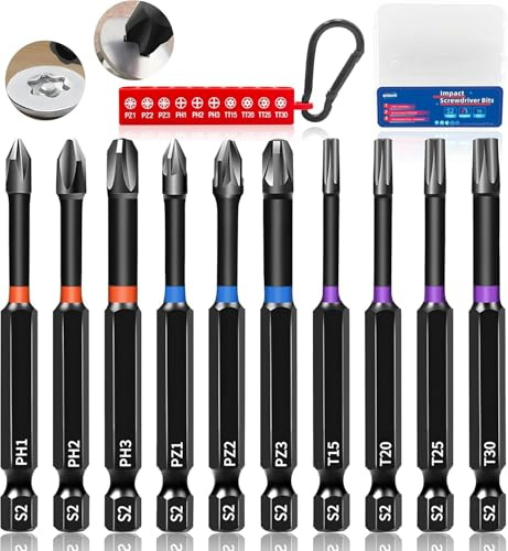 KASAFE Jeu d'embouts de tournevis magnétiques, 80 mm acier S2 embouts de tournevis Phillips, Pozidriv et Torx pour perceuse à percussion PH1 PH2 PH3 PZ1 PZ2 PZ3 T15 T20 T25 T30 avec hexagonal