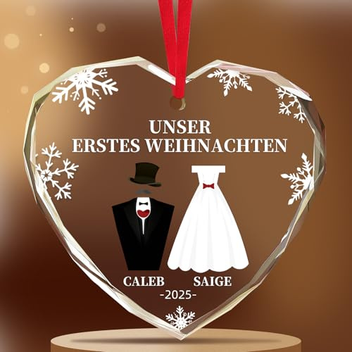 Personalisierte Herz-Christbaumkugel Unser Erstes Weihnachten 2026 - Individuelles Geschenk für Frischvermählte/Verlobte mit Name & Datum, Personalisierte Weihnachtskugel als Andenken für Paare