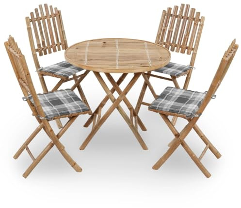 QJBSAVVA Klappbare Bambus Gartenmöbel Essgruppe 5-TLG 80x70 cm runder Tisch 4 Stühle mit wasserabweisenden grauen Karokissen platzsparend und robust für Balkon Terrasse und kleinen Garten