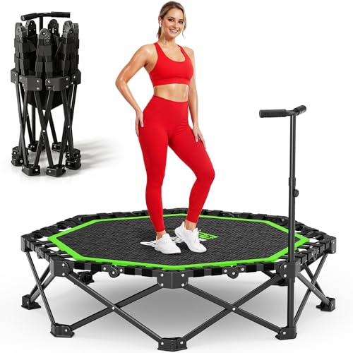 FitNexus 48 Foldable Mini Trampoline, 550lb Capacity Rebounder with Adjustable T-Bar for Adults, Home Gym Fitness Equipment (Black Green)