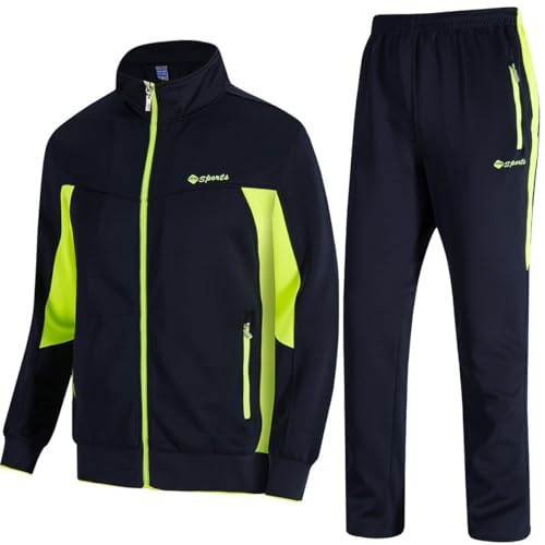 TBMPOY Herren Trainingsanzug Sportlich Sport-beiläufige Full Zip Sweatsuit X-Large 01 Marine + fluoreszierendes Grün