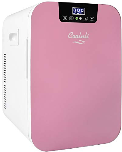 Cooluli 20L Mini Fridge For Bedroom - Car, Office Desk & College Dorm Room - Glass Front & Digital Temperature Control - Small 12v Refrigerator for Food, Drinks, Skincare, Beauty & Breast Milk (Pink)