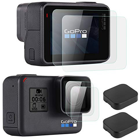 OOTSR (6 Piezas Protector de Pantalla Compatible para GoPro héroe 7 (Sólo Negro) Hero 5 Hero 6, con 4 Protector de Pantalla de Vidrio + 2 Tapa para Lente