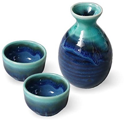Minorutouki Mino-Yaki Japanischer Sake, 2 Tassen 50 ml und 1 Dekanter 330 ml, Awasaka Türkisblau, hergestellt in Japan, 3 Stück