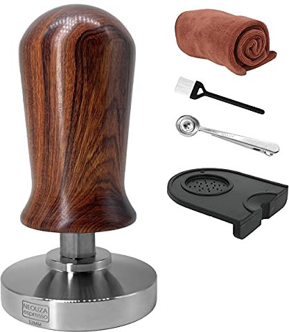 NEOUZA Calibrated Espresso 53mm Coffee Tamper Professional Press Hammer - Compatible with Sage/Breville 870 875 878 Flat Base 304 Stainless Steel with Spring Loaded Premium Wooden Handle