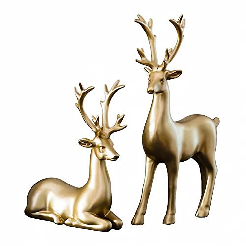 Luganiso Stehende und sitzende Rentier-Skulptur aus Kunstharz, 2 Stück, Glücks-Hirsch-Statue, Figuren für Wohnzimmer, Schlafzimmer, Büro, Schreibtisch-Dekoration (Gold), 16,5 x 6,1 x 29,6 cm
