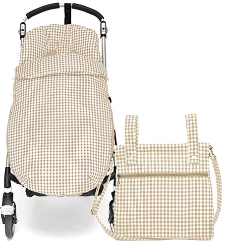 Conjunto Saco Silla de paseo Universal + Panera – Conjunto Saco Universal + Talega para silla de paseo – Vichy – Handmade – Nenel (Arena)