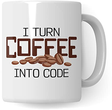 Informatik Geschenk Tasse, I turn Coffee into Code Geschenkidee für Informatiker Kaffee-Becher Informatikerin Programmieren Kaffeetasse mit Spruch lustig Coding (Weiß/Weiß)