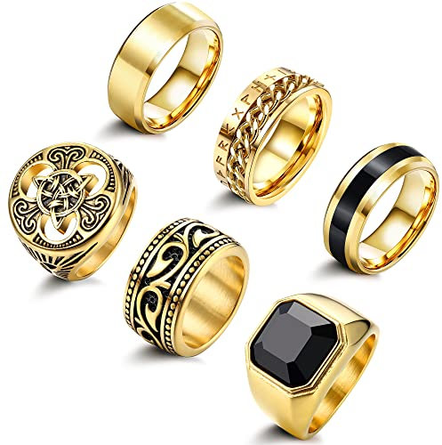 Adramata 6 Stück Ringe Herren Edelstahl Ringe Keltische Knoten Ringe Band Biker Ringe Gothic Männer Ringe Vintage Wikinger Ringe Siegelringe Silber Gold Ringe Set für Herren