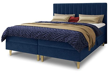 Sofnet Boxspringbett Gold mit 2 Bettkästen und Topper - Doppelbett, Bonell-Matratze, Polsterbett, Bett mit Matratzentopper, Schlafzimmer, Velours Stoff (Blau (Manila 26), 160 x 200 cm)