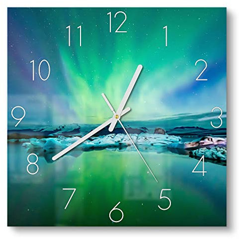 DEQORI Glasuhr | 30x30 cm | Motiv Leuchtendes Polarlicht | ausgefallene leise Design Uhr aus Glas | Wanduhr für Wohnzimmer & Küche | moderne Hingucker Uhr für die Wand