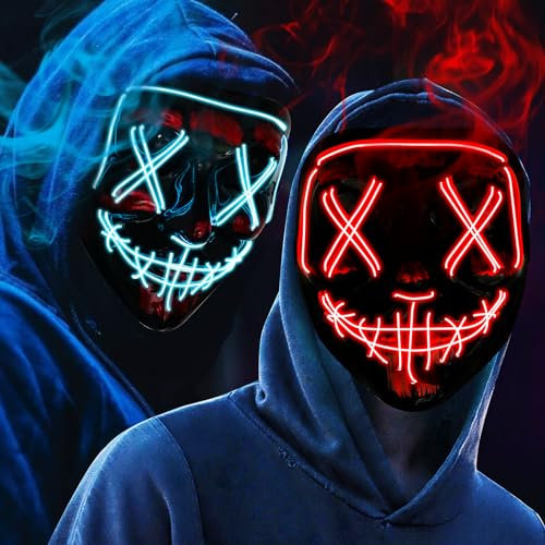 OUILA LED Halloween Maske, 2 Pack Neon Leuchtmaske mit 3 Leuchtmodi für Herren, Damen, Cosplay, Halloween, Karneval, Maskerade Party (2 schwarze Masken), FGM001-V0