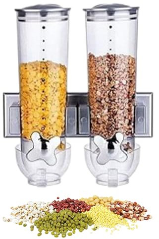 Syfunlv Double Wall Mounted Cereal Dispenser, Food Dispensers, Wall Mounted Dry Food Dispenser, For Cereal, Oatmeal, Candy, Granola Nuts, Coffee Beans, Rice, Cornflakes, 29.2 * 31cm (Silver)