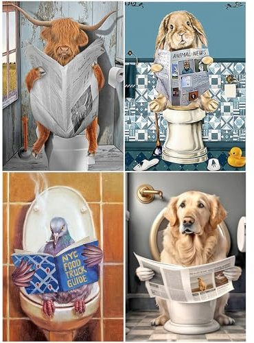 SHEGZHUC 4 Pack Diamond Painting Tiere auf Toilette 30x40cm Diamond Painting Zeitung Rind Hund Kaninchen Tauben Vogel Kuh auf Klo Diamond Painting Toiletten Bilder Perlenbilder Erwachsene Tiere