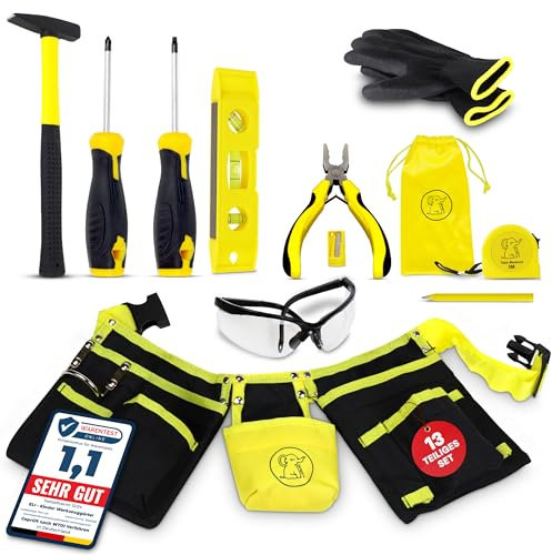 Eli® Werkzeuggürtel Kinder Set ab 6 Jahre - hochwertiges echtes Kinderwerkzeug - inkl. Hammer und Schutzbrille - Handschuhe - Multitool - Werkzeug für Baumeister - Bauarbeiter