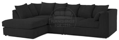 New Luxor Long Fabric Corner Sofa | Soft Jumbo Cord 4-5 Seater Corner Sofa Left hand or Right Hand (Black, Left Hand Facing - Scatter Back)