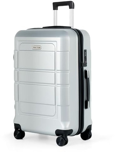 TANTOMI Hartschalen-Handgepäck Koffer Mittelgroß aus ABS+PC – Reisekoffer mit 4 Drehbaren Rollen (360°), Trolley mit Aluminium-Teleskopstange und 3 Stelige-Zahlenschloss (L – 65L, Silber)