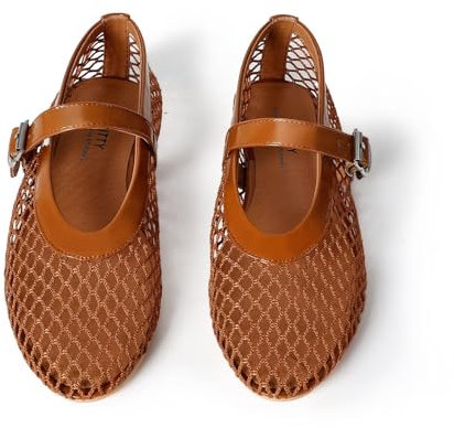 vimitty Ballet Flats Breathable Mesh with Elegant Buckle Strap Comfy Casual Office Patent Trimmed Ballerina Shoes for Women, Nude, 8 UK