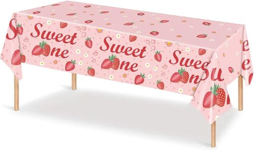 Party Tischdecke Rosa, Tischtuch Kunststoff Outdoor, Tischdecken Erdbeeren Wasserdicht, Tischdekoration Zubehör für Geburtstag Hochzeit Kinder Mädchen, 137x274cm