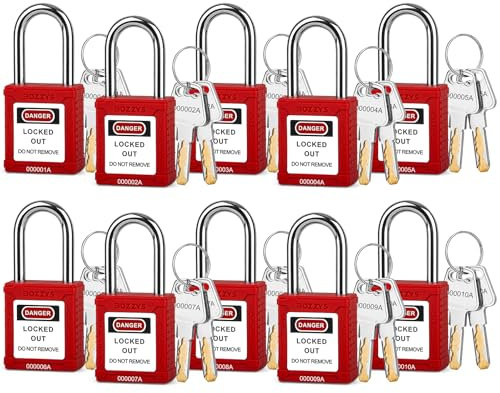 BOZZYS Candados de bloqueo de etiquetado, paquete de 10 candados loto, grillete de acero de 38 mm, cilindro de aleación de zinc, cuerpo de plástico con codificación láser personalizada