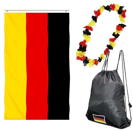 INQUARK Sport Fanpaket Fanartikel Fußball WM EM mit Turnbeutel, Hawaii Blumenkette (Lei), Fahne (Deutschland)