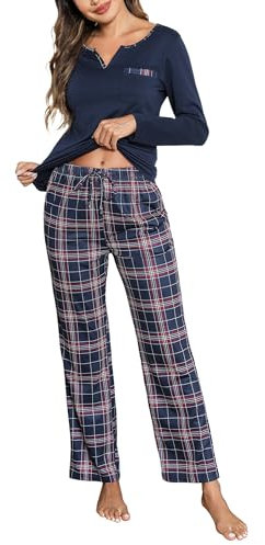 Bresdk Pigiama da Donna in Cotone Manica Lunga Set Pigiami Due Pezzi Leggero con Girocollo Morbido e Confortevole, Pigiama Donna Invernale Blu L